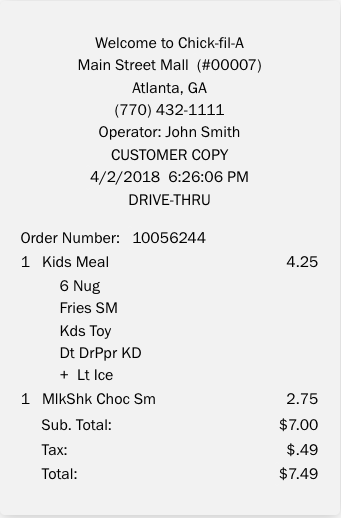 Example of a Chick-fil-A receipt